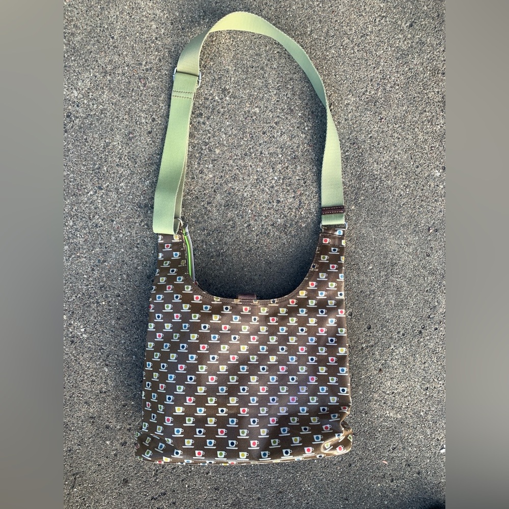 Orla Kiely Brown and Green Crossbody Bag with Unique Coffee Cup Pattern